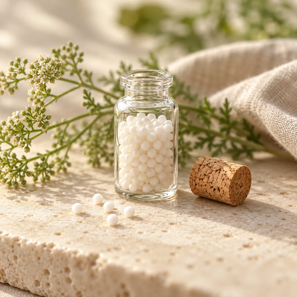 Homöopathie für Tiere – Glasfläschchen mit weissen Globuli auf hellem Naturstein