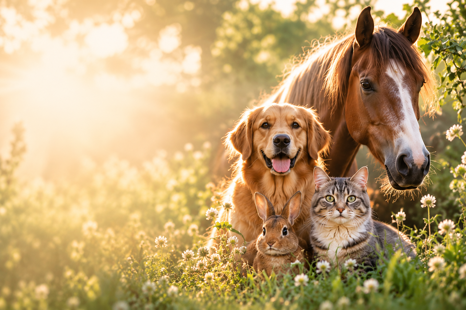 Hund, Pferd, Katze und Hase auf einer sonnigen Blumenwiese